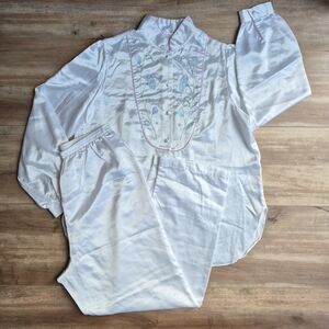 Vintage Jodie Arden Intimates White Satin Feel Embroidered Pajama Set Size M